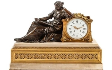 A Large Louis XVI Style Gilt, Patinated Bronze and Marble Clock