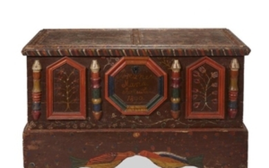 A painted and folk-decorated blanket chest on stand inscribed...