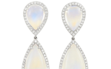 Pair of Platinum, Moonstone and Diamond Pendant-Earrings