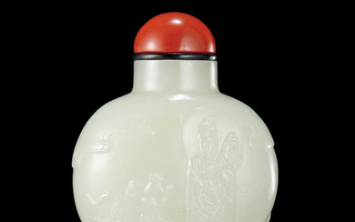 A rare white jade 'Guanyin and Shancai' snuff bottle