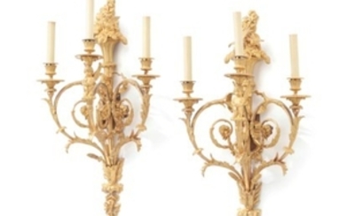 A PAIR OF RESTAURATION ORMOLU THREE-BRANCH WALL-LIGHTS, SECOND QUARTER 19TH CENTURY, AFTER THE MODEL BY PIERRE-FRANÇOIS FEUCHÈRE