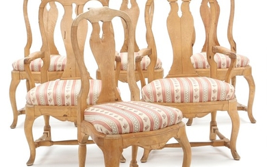 A set of six Swedish Rococo style birchwood and pinewood chairs, hereof two armchairs. Early 20th century. (6).