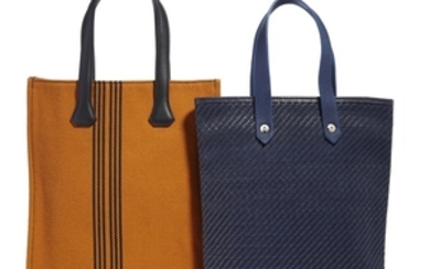 A SET OF TWO: INDIGO WOVEN LEATHER AHMEDABAD PM TOTE AND STRIPED POTIRON CANVAS TOTE, HERMÈS, 2010s