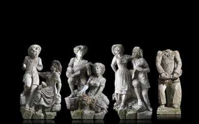 Three groups of sculptures in Vicenza stone depicting galant scenes, together with another sculpture fragment. Veneto, 19th century (h. max...