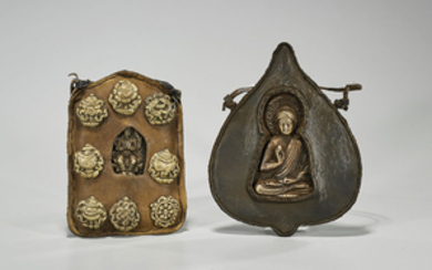 Two Chinese Leather & Gilt Metal Buddhist Hangings