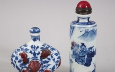 TWO CHINESE PORCELAIN SNUFF BOTTLES, one cylindrical