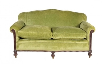 A walnut and green velvet upholstered two seat sofa