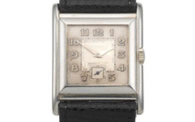 Longines. An 18K white gold manual wind square wristwatch