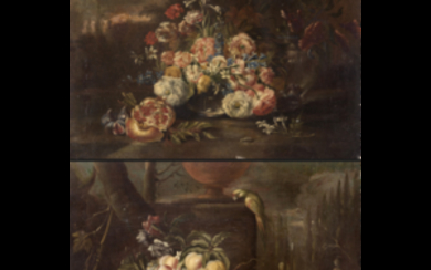 Late 18th Century Neapolitan school Flowers with pomegranate oil on canvas 36x47.5 cm. Dog, parrot, fruit and flowers en plein...