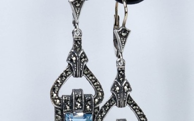 8K Gold/ 925 Silver - Earrings - blue spinels - marcasite - 52mm long