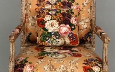 LOUIS XVI STYLE, UPHOLSTERED CARVED CHAIR