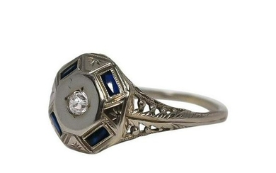 Vintage Octagon Sapphire and Diamond Ring 18K White