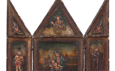 Polychromed stucco and wood tryptic. Italy.