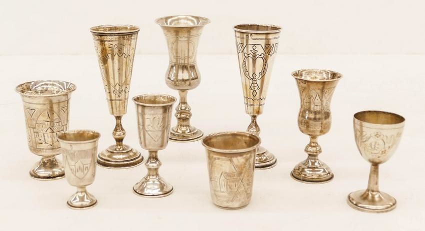 9pc Antique Russian Judaica Silver Kiddush Cups 2.25''