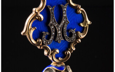 A 14K Vari-Color Gold, Guilloché Enamel, Diamond, and Lapis Lazuli Paperweight in the Manner of Fabergé (late 20th century)