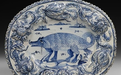 A 17th century blue maiolica oval plate, Pavia