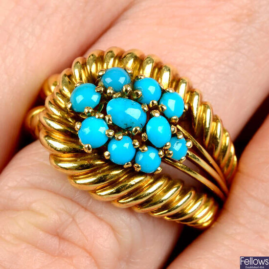 A 1960s 18ct gold turquoise rope-twist buckle ring, by Cartier.