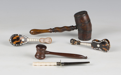 A 19th century treen gavel, the substantial head on a sectional handle, length 22cm, together with a