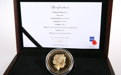A 2018 JERSEY GOLD PROOF FIVE POUND COIN, "THE 2018