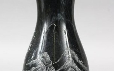 A 20TH CENTURY CHINESE ENGRAVED MARBLE VASE, the vase