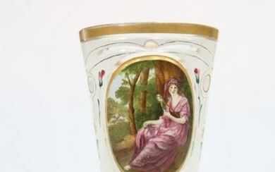 A BOHEMIAN ENAMELLED CASED GLASS BEAKER VASE, 19th