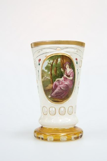 A BOHEMIAN ENAMELLED CASED GLASS BEAKER VASE, 19th