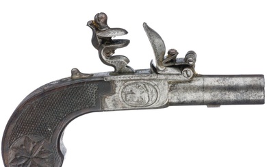 A Belgian flintlock boxlock pistol, circa 1800 Canon à came lisse de calibre 12,5 mm,...
