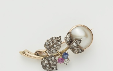 A Belle Epoque 14k gold Mabé pearl, diamond, ruby and sapphire flower brooch.