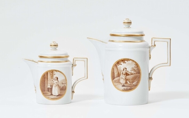 A Berlin KPM porcelain coffee pot and a milk jug with children at play