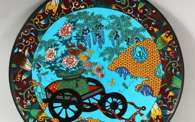 A CHINESE BLUE GROUND CLOISONNE DISH, depicting a cart