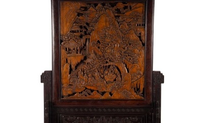 A CHINESE CARVED BAMBOO LANDSCAPE TABLE SCREEN