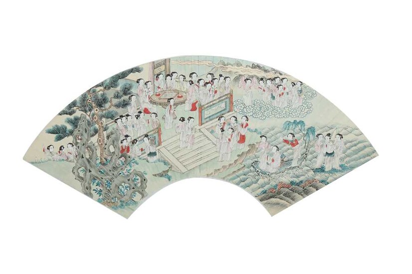 A CHINESE FAN LEAF PAINTING OF IMMORTAL LADIES.