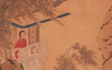 A CHINESE LADY PAINTING ON SILK, HANGING SCROLL, LENG MEI MARK