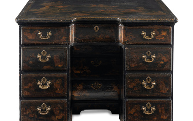 A Chinese Export Black and Gilt Lacquered Kneehole Desk