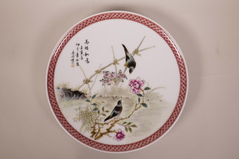 A Chinese Republic porcelain cabinet plate decorated with bi...
