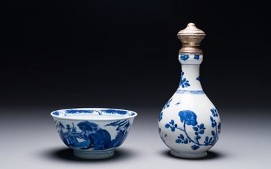 A Chinese blue and white bowl and silver mounted vase, Shen De Tang Zhi ???? mark, Kangxi
