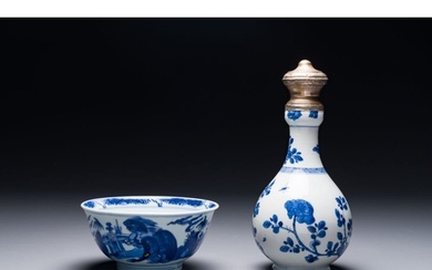 A Chinese blue and white bowl and silver mounted vase, Shen ...