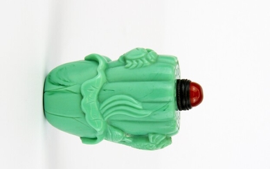 A Chinese carved green Peking glass snuff bottle of lotus, fish and crab, H. 6.5cm.