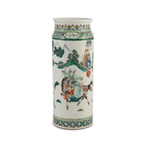 A Chinese famille verte cylindrical vase, Kangxi mark but Gu...