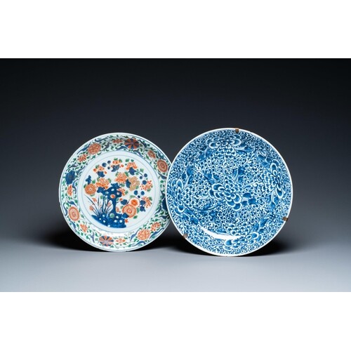 A Chinese famille verte dish and one in blue and white, Kang...