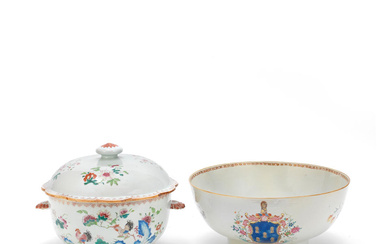 A FAMILLE ROSE ARMORIAL PUNCH BOWL AND A TUREEN AND...