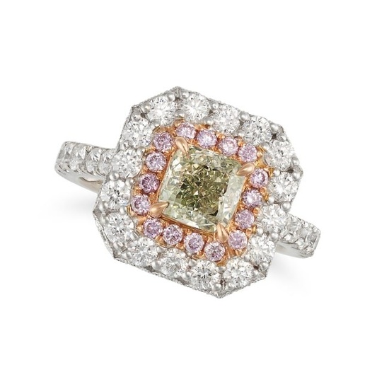 A FANCY GREEN AND PINK DIAMOND DRESS RING in 18ct white gold, set with a cushion cut green diamond