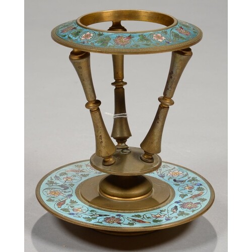 A FRENCH GILT BRASS AND CHAMPLEVE ENAMEL VASE - STAND, THE R...