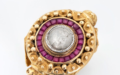A Fine Baroque Style 18K Gold Rubies and Diamond Ring