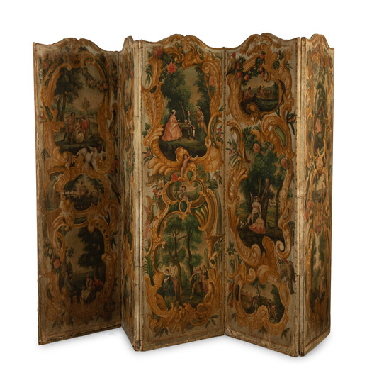 A French Five-Panel Hand Painted Canvas Floor Screen