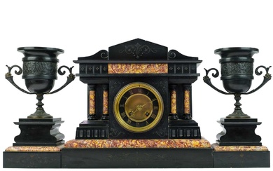 A French black slate and marble clock garniture.