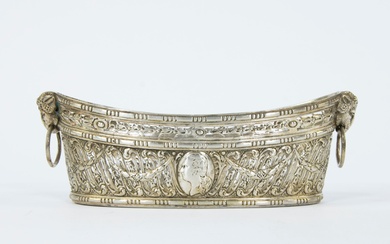 A French oval silver basket in Louis XVI style decorated with garlands, medallion and ram's heads