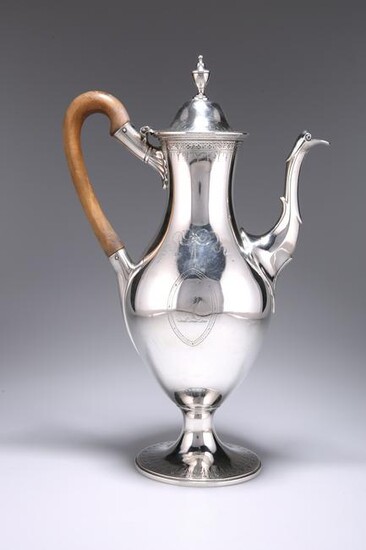 A GEORGE III BRIGHT-CUT DECORATED SILVER COFFEE POT, by