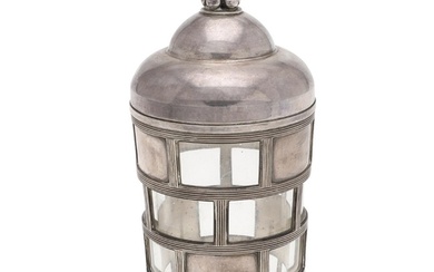A GEORGE V SILVER MOUNTED GLASS CANNISTER/ JAR & COVER, BY H...