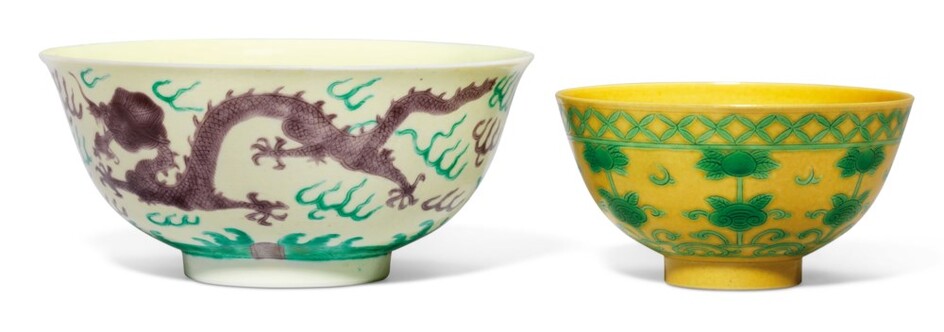 A GREEN AND AUBERGINE-ENAMELLED YELLOW-GROUND 'DRAGON' BOWL AND A GREEN-ENAMELLED YELLOW-GROUND 'PEACH' BOWL, THE 'DRAGON' BOWL: GUANGXU SIX-CHARACTER MARK IN UNDERGLAZE BLUE AND OF THE PERIOD (1875-1908) THE 'PEACH' BOWL: 19TH CENTURY